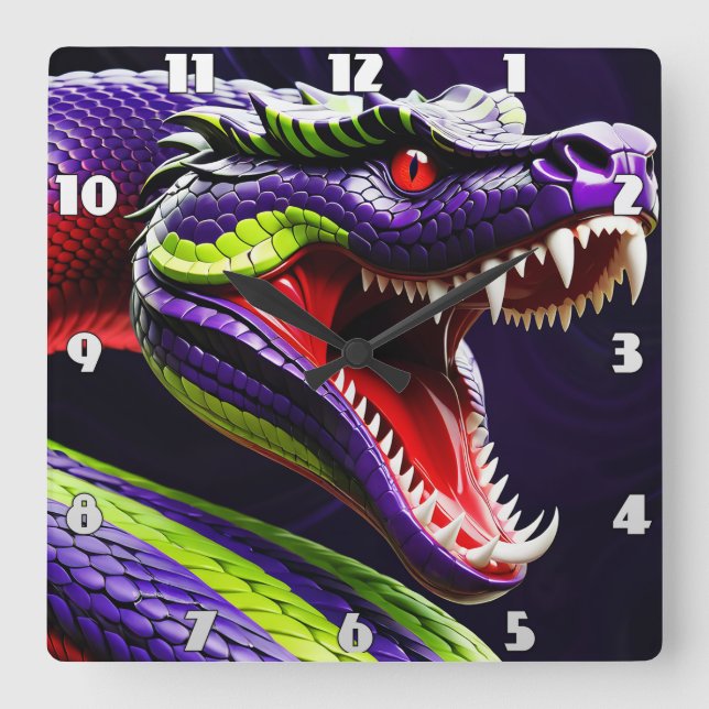 Horloge Carrée Cobra serpent avec écailles vertes et violettes vi (Recto)