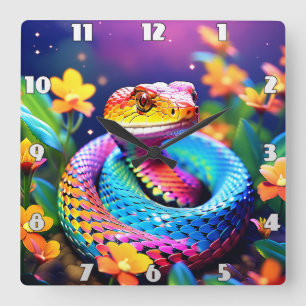 Horloge Carrée Cobra serpent avec rose et jaune turquoise éclatan