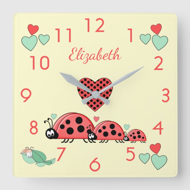Horloge Carrée Coccinelles et chenille avec un prénom pour la cha (Recto)