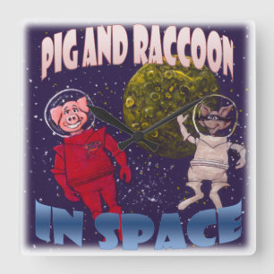 Horloge Carrée Cochon et raton laveur dans l'espace