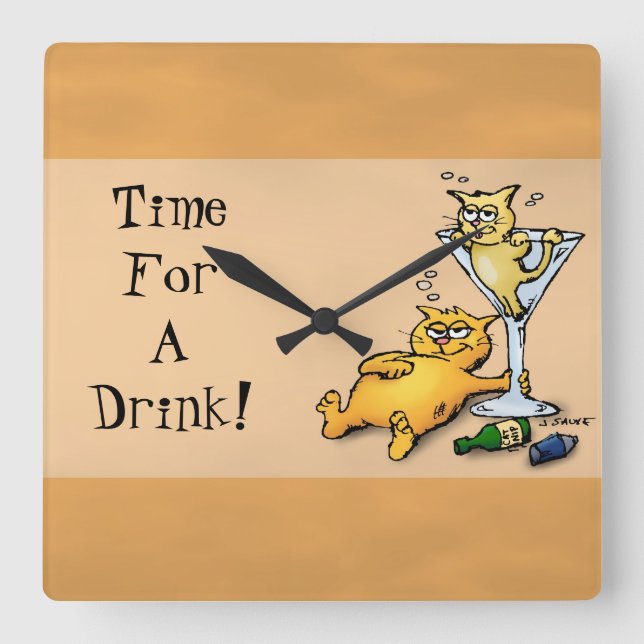 Horloge Carrée Cocktails & Kittens TIme for a Drink Gold Clock (Recto)