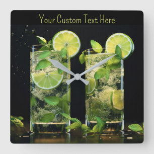 Horloge Carrée Cocktails Mojito Texte Personnalisé