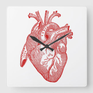 Horloge Carrée Coeur Anatomique Rouge