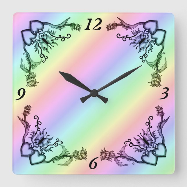 Horloge Carrée Coeur avec Fleur et Papillon (Recto)