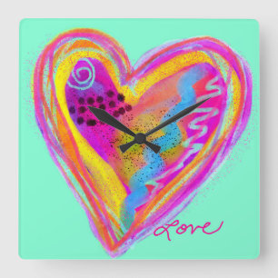 Horloge Carrée Coeur d'art Abstrait coloré