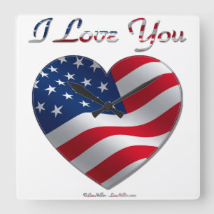 Horloge Carrée Coeur de drapeau des Etats-Unis je t'aime