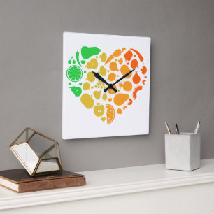 Horloge Carrée Coeur de fruits et légumes - Great Vegan Gift