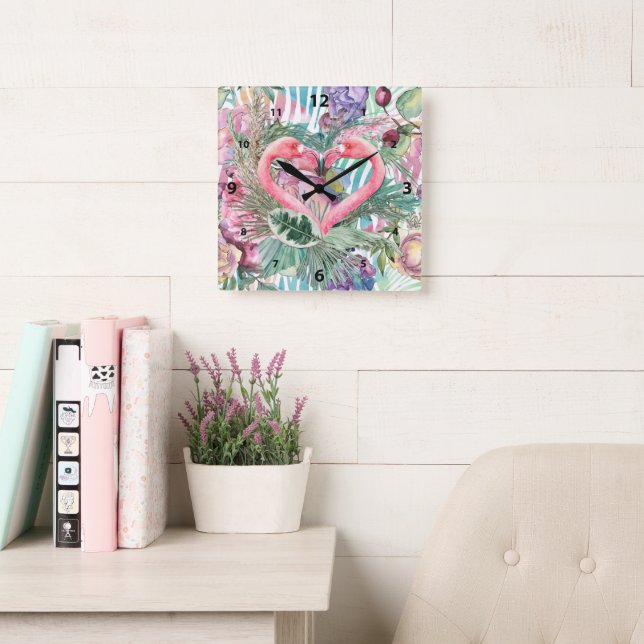 Horloge Carrée Coeur Flamant rose rose tropical Art Abstrait (Salle de lecture)