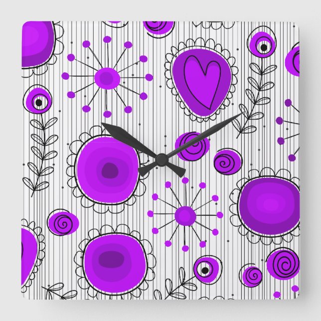 Horloge Carrée Coeurs blancs violet blanc Whimsical et fleurs flo (Recto)
