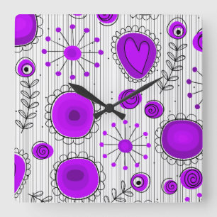 Horloge Carrée Coeurs blancs violet blanc Whimsical et fleurs flo