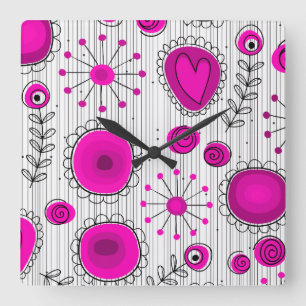 Horloge Carrée Coeurs blancs Whimsical rose chaud et fleurs flora