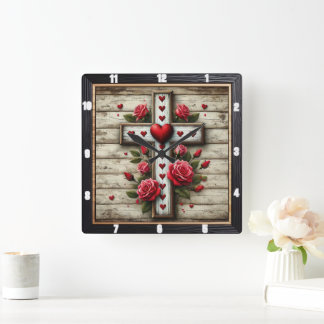 Horloge Carrée Coeurs Croix en bois Roses rouges