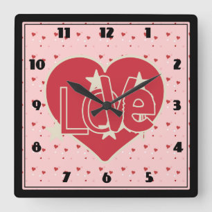 Horloge Carrée Coeurs d'amour et étoiles