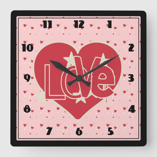 Horloge Carrée Coeurs d'amour et étoiles (Recto)