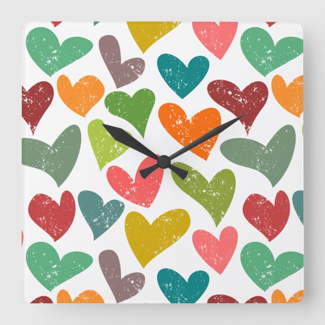 Horloge Carrée Coeurs de grunge rétro colorés (Recto)