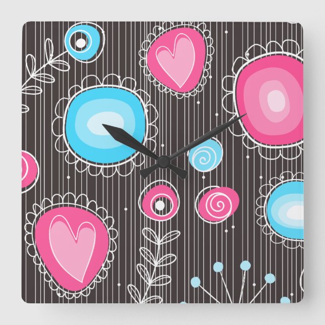 Horloge Carrée Coeurs et fleurs rose et bleu Whimsical (Recto)