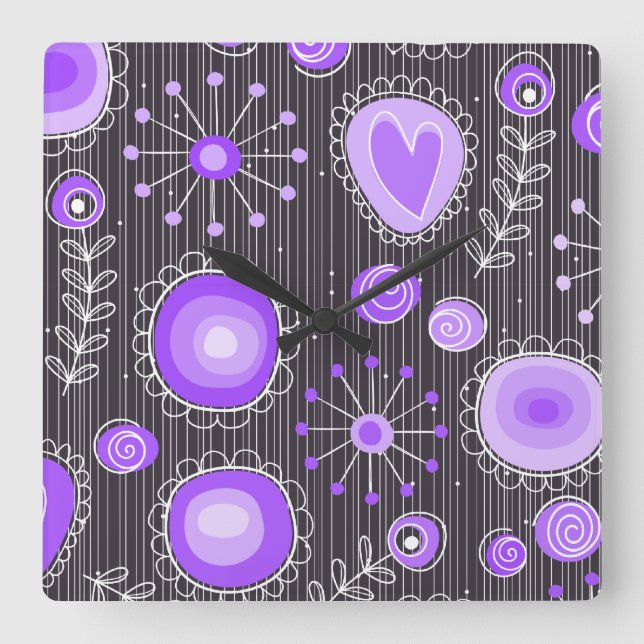 Horloge Carrée Coeurs gris violet blanc et fleurs florales (Recto)