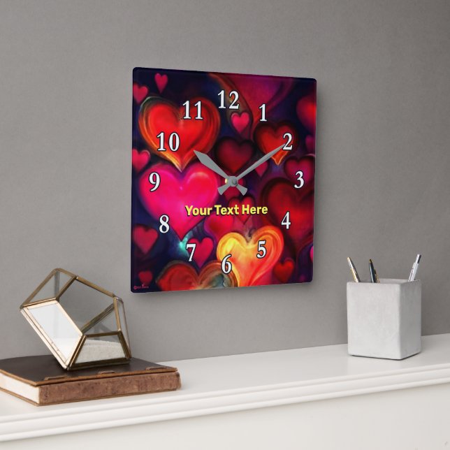 Horloge Carrée Coeurs multicolores (Bureau)