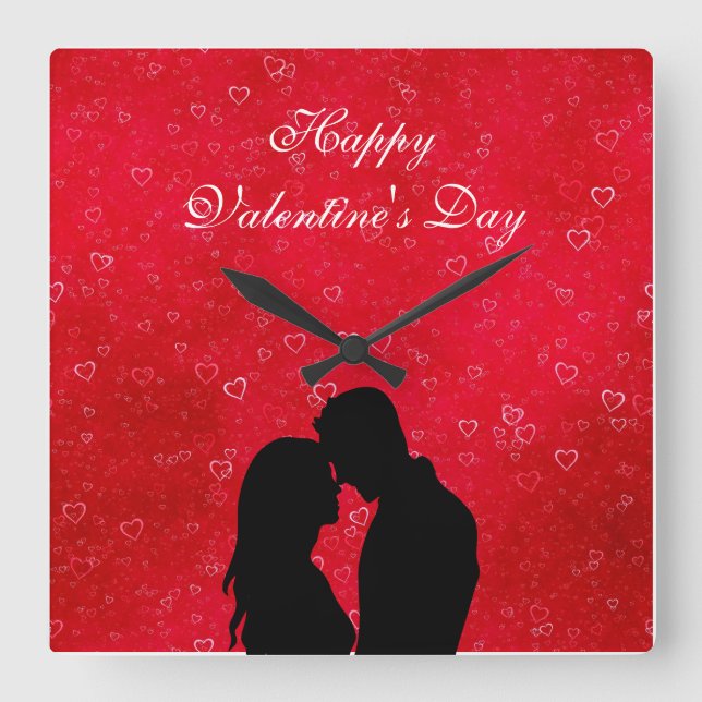 Horloge Carrée Coeurs rouges et illustration du couple (Recto)