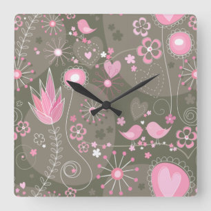 Horloge Carrée Coeurs Whimsical rose et gris, oiseaux et fleurs