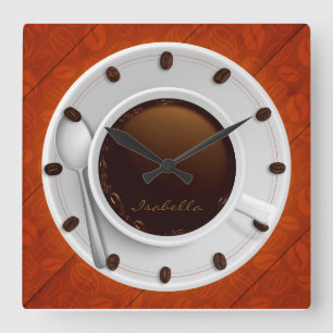 Horloge Carrée Coffee Cup & Coffee Beans Monogrammed Wall Clock
