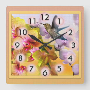 Horloge Carrée Colibri aux lilacs pourpres et aux orchidées jaune