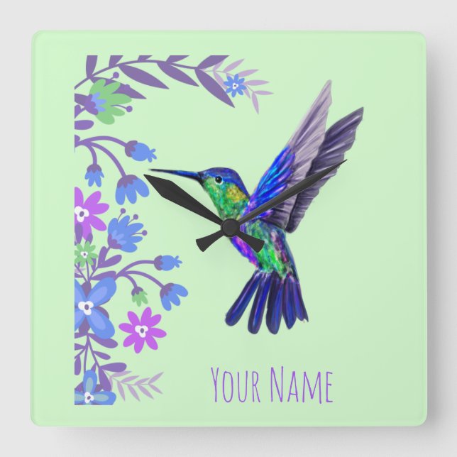 Horloge Carrée Colibri Design Fleurs Botaniques Amateurs d'oiseau (Recto)