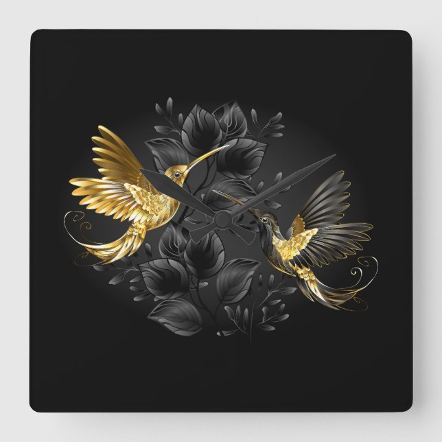 Horloge Carrée Colibri noir et or (Recto)
