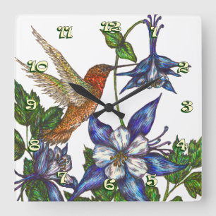 Horloge Carrée Colibri roux et Columbine
