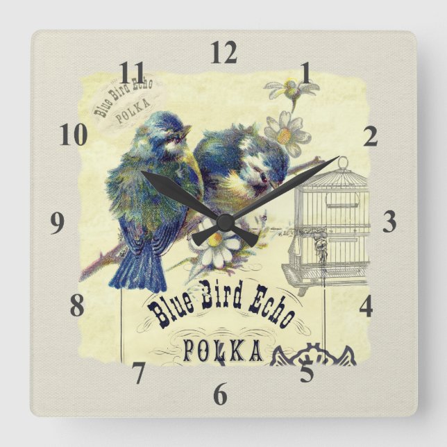 Horloge Carrée Collage bleu vintage de cage à oiseaux d'oiseau (Recto)