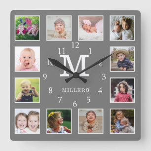 Horloge Carrée Collage de 12 photos personnalisé Nom de famille M
