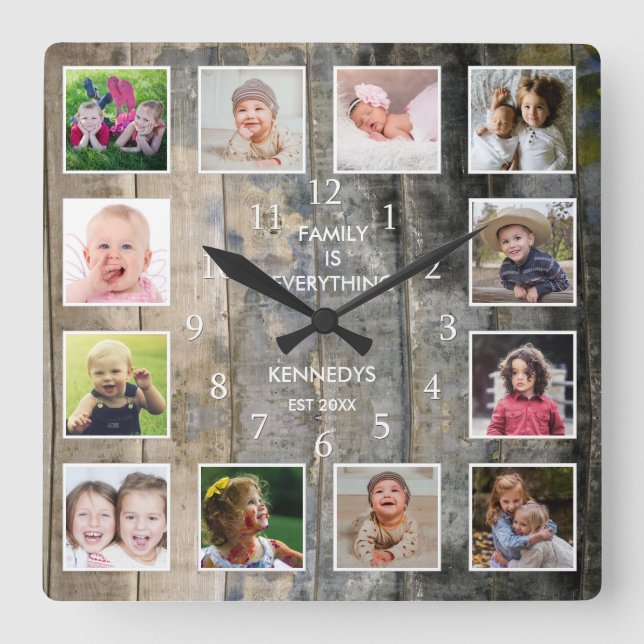 Horloge Carrée Collage de 12 photos personnalisées Bois rustique (Recto)