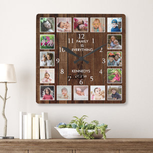 Horloge Carrée Collage de 16 photos personnalisé Citation Bois fo