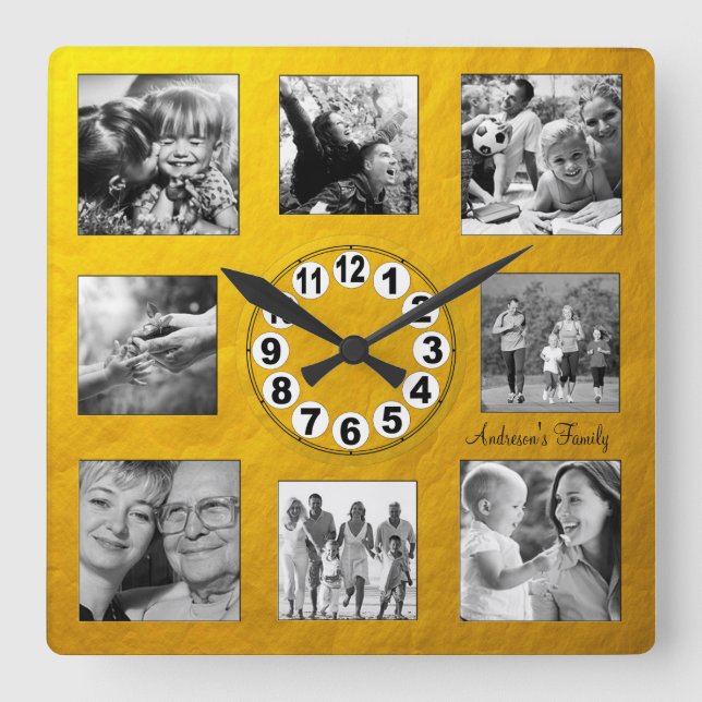 Horloge Carrée Collage de 8 photos personnalisé Golden Retro Fami (Recto)