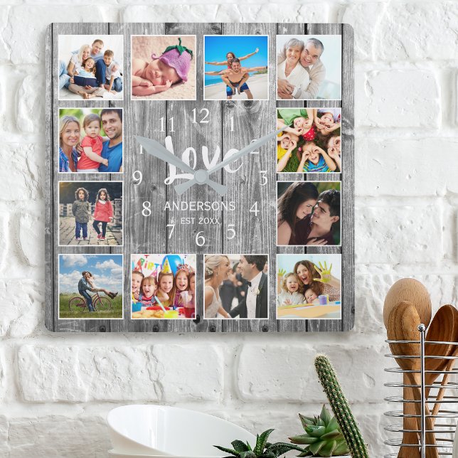 Horloge Carrée Collage de photos 12 personnalisées Bois gris rust (Créateur téléchargé)