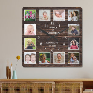 Horloge Carrée Collage de photos 12 personnalisées Rustic Barn Wo