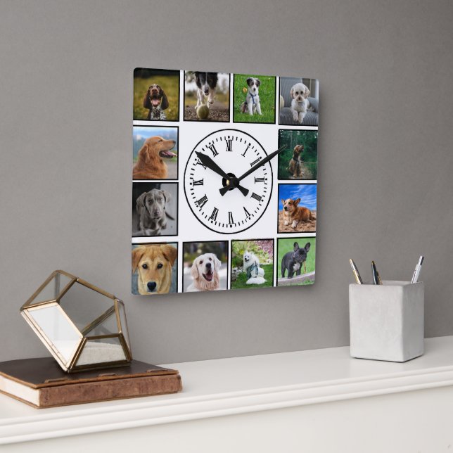 Horloge Carrée Collage de photos de chiens sur un Arrière - plan  (Bureau)
