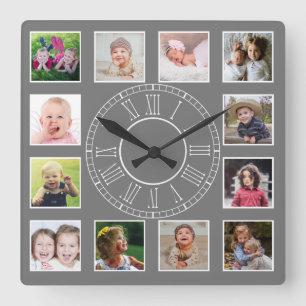 Horloge Carrée Collage de photos de famille 12 personnalisées Nu
