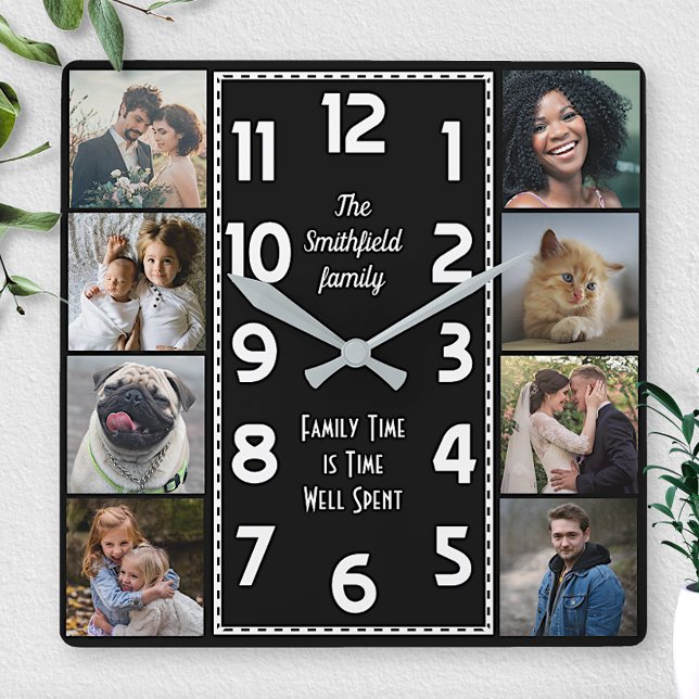 Horloge Carrée Collage de photos de famille Art déco noir et blan (Créateur téléchargé)