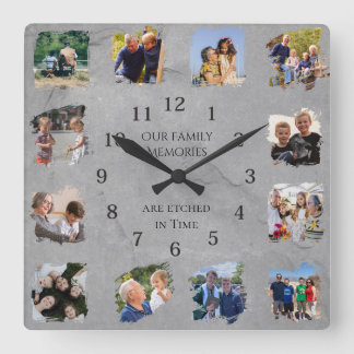 Horloge Carrée Collage de photos de souvenirs de famille Cadeau d