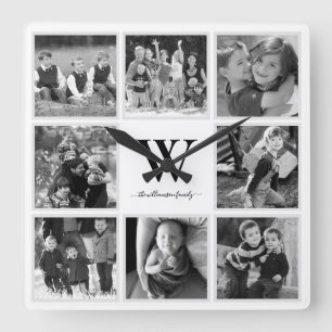 Horloge Carrée Collage de photos familiales Monogramme noir et bl