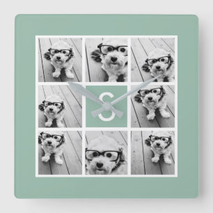 Horloge Carrée Collage de photos Monogramme personnalisé Mint Gr