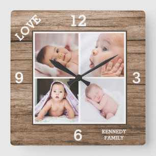 Horloge Carrée Collage de photos personnalisé 4 Nom de famille L