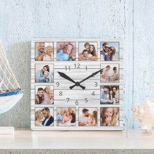Horloge Carrée Collage de photos personnalisé en bois gris blanc 