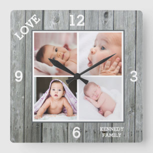Horloge Carrée Collage de photos sur mesure 4 Gray Wood Family Lo