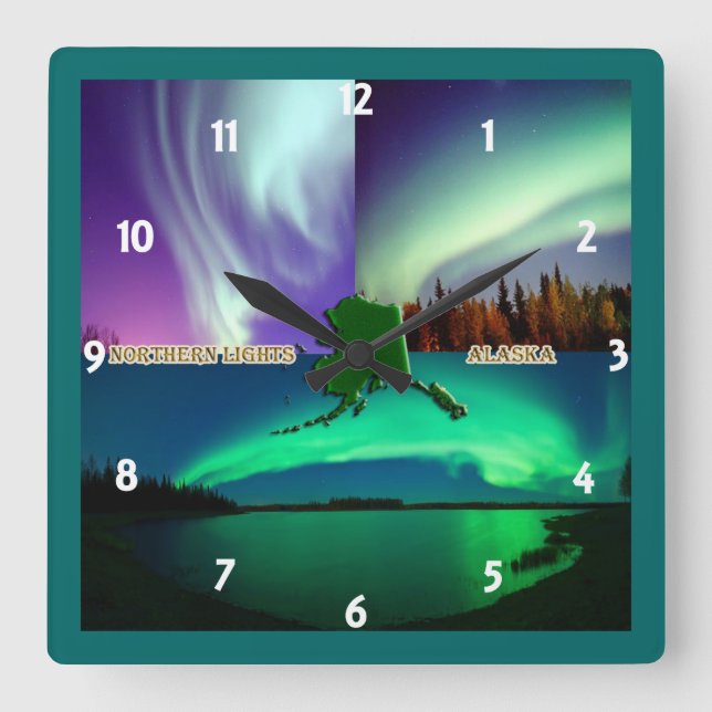 Horloge Carrée Collage des aurores boréales de l'Alaska (Recto)