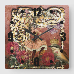 Horloge Carrée Collage gitan rose de Français de danseur de cru