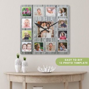 Horloge Carrée Collage personnalisé de 13 photos en bois gris rus