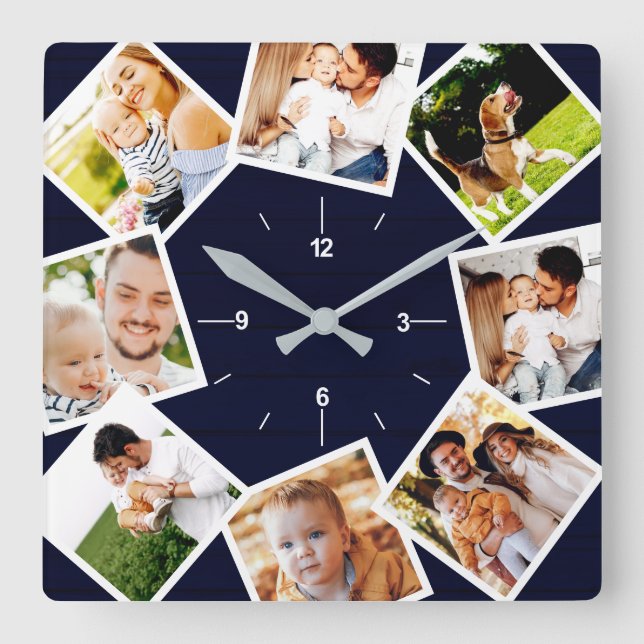 Horloge Carrée Collage photo de famille Ferme rustique Bleu foncé (Recto)