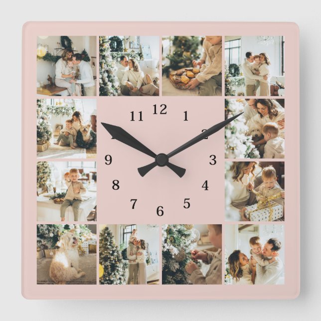 Horloge Carrée Collage photo de famille moderne Blush Keepsaké ro (Recto)